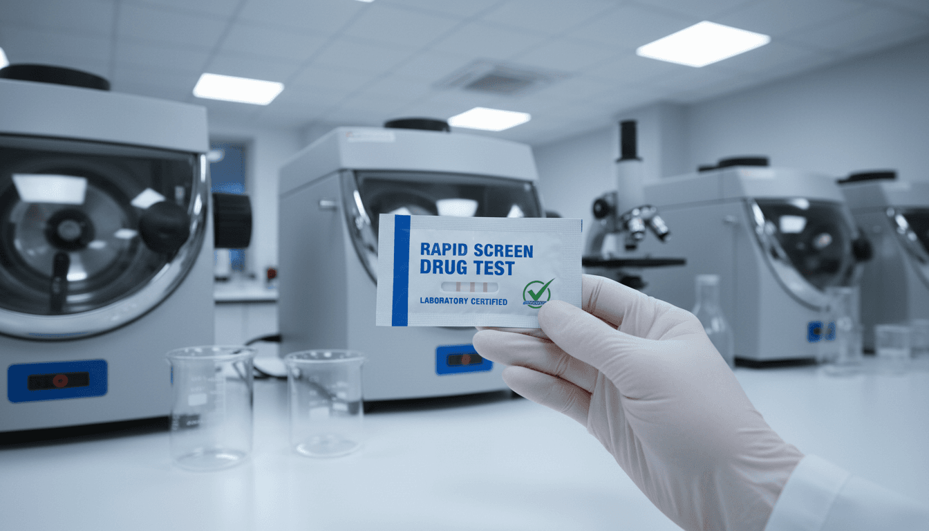 Gloved hand holding a sealed drug test kit in a modern, clean lab