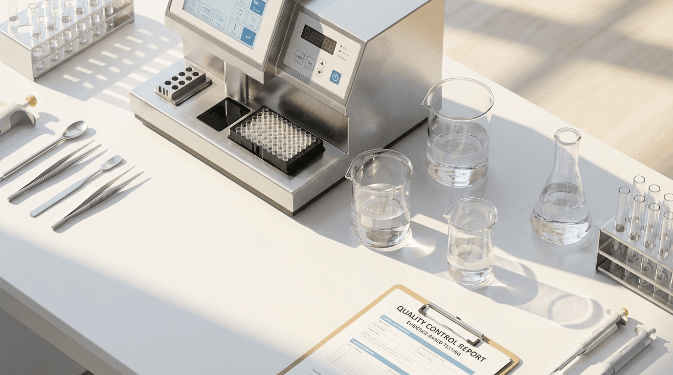 Professional testing equipment including fingerprint scanner and drug test kits on a clean desk
